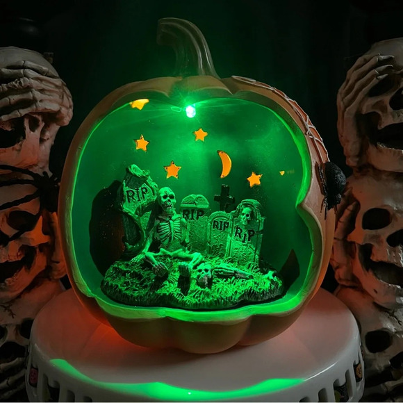 Halloween 7" Color Changing Spooky Skeleton Graveyard Scene Spiderweb Pumpkin - Picture 13 of 15